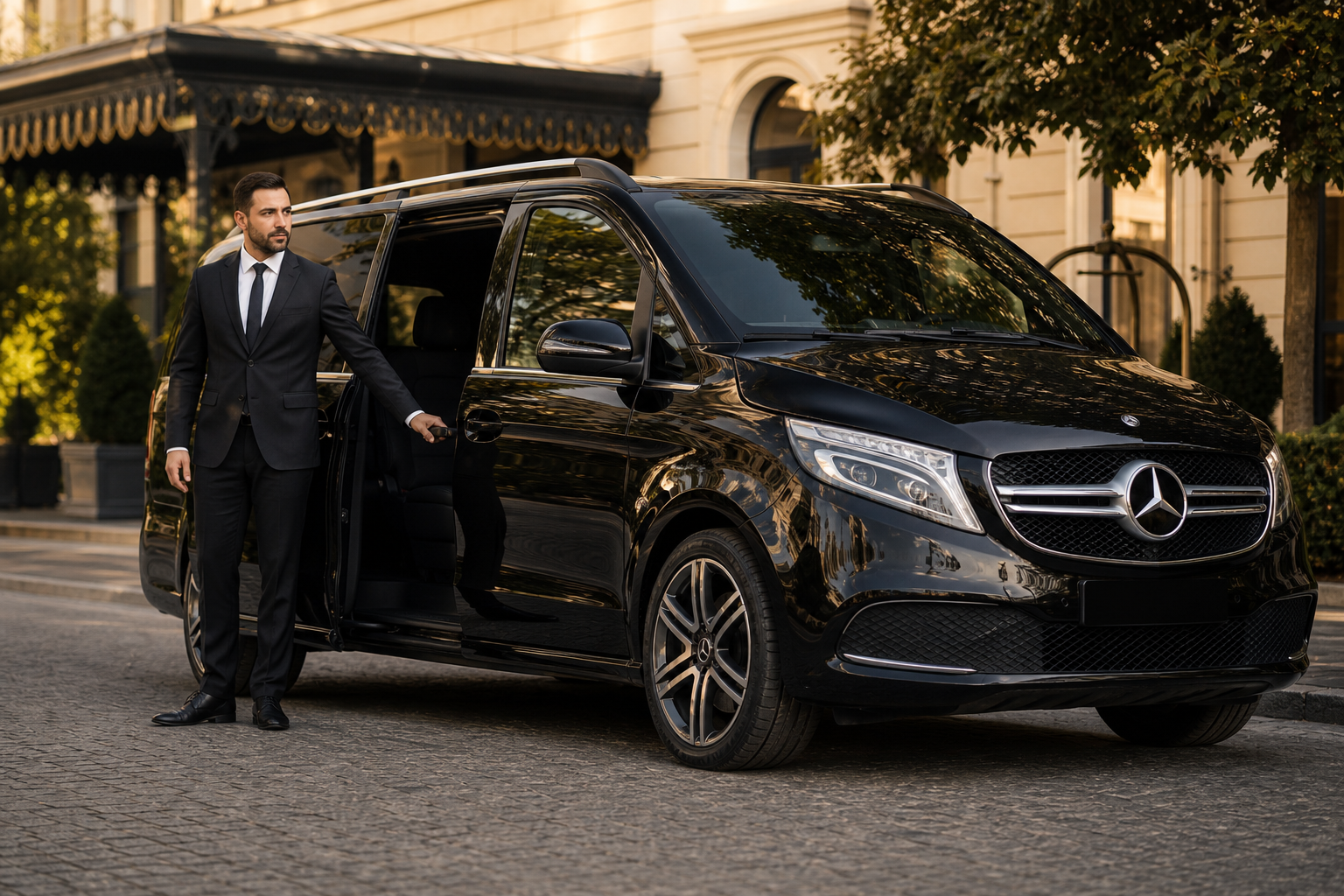 Chauffeur privé VTC 77 en tenue professionnelle devant VAN Mercedes – CHAUFF'HEURE VIP