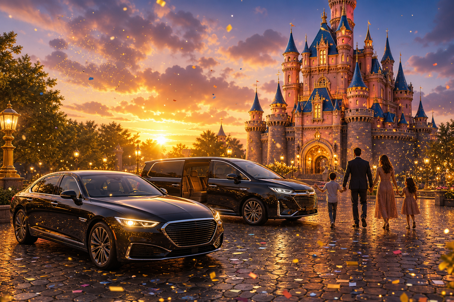 Berline et VAN VTC Disneyland devant château féerique – MonChauffeurVIP 06 18 33 21 74