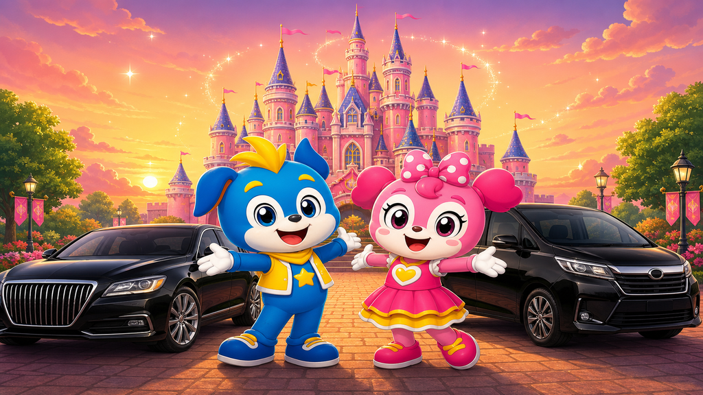 Mascottes cartoon VTC Disneyland berline et VAN parc féerique – MonChauffeurVIP 06 18 33 21 74