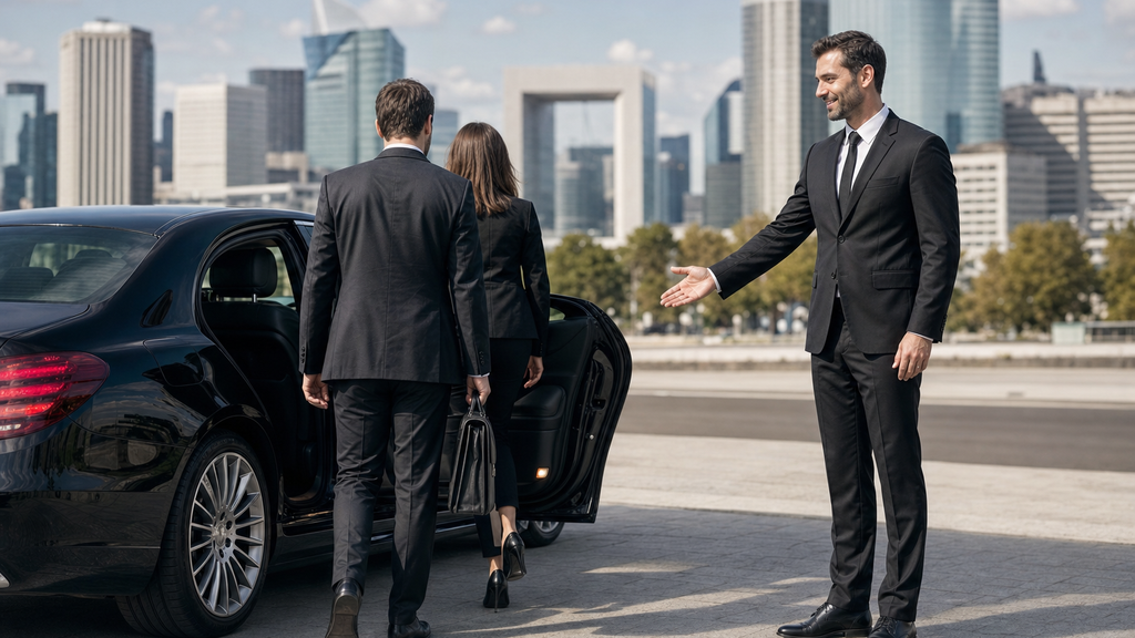 Mise à disposition VTC entreprise — chauffeur privé accueillant les passagers MonChauffeurVIP