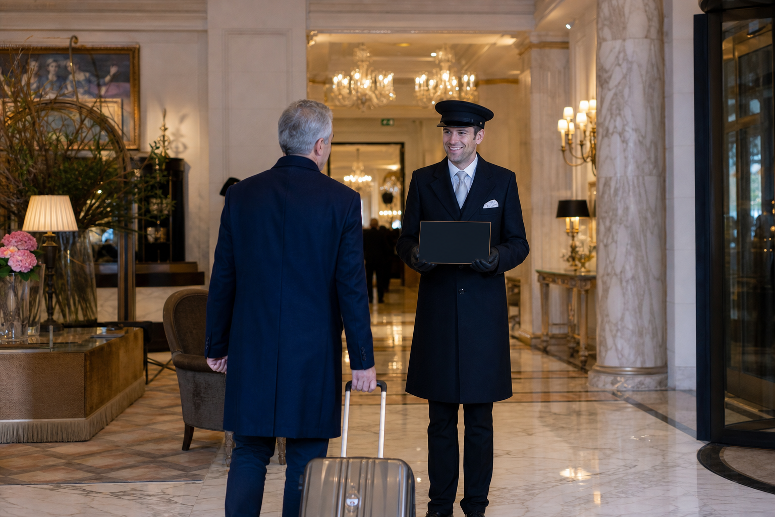 Transfert hôtel Paris lobby — chauffeur privé pancarte nominative MonChauffeurVIP