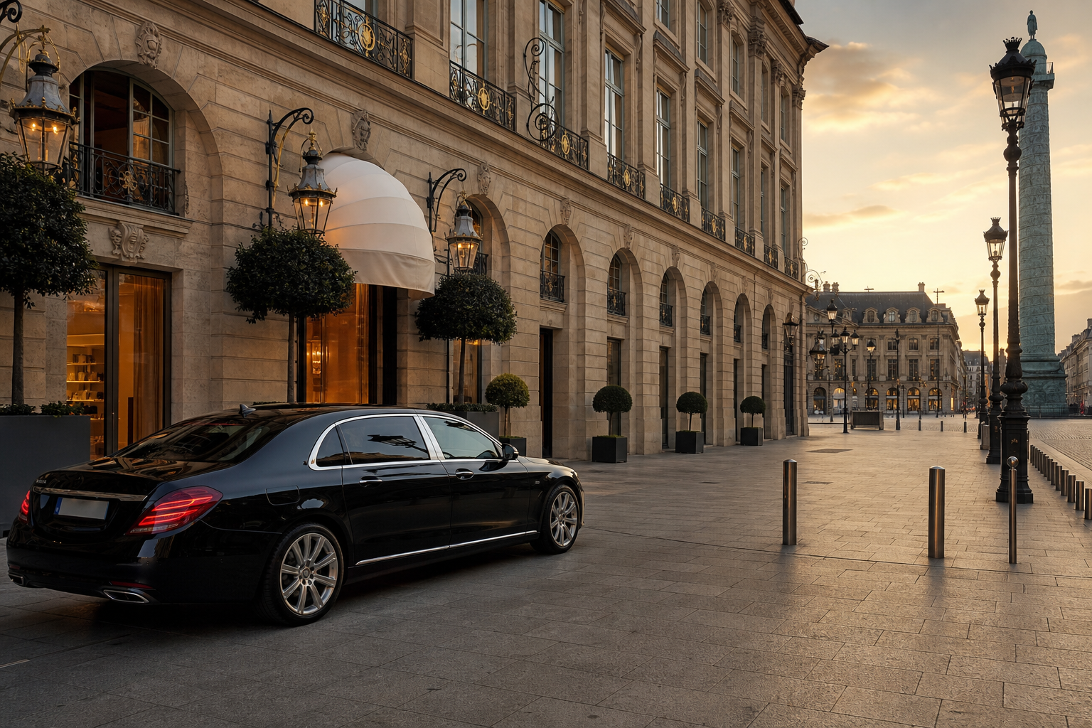 Transfert hôtel Paris palace — berline devant établissement luxe MonChauffeurVIP