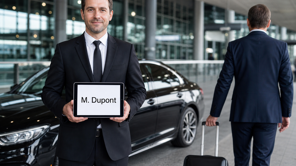 VTC entreprise aéroport CDG — accueil pancarte et berline MonChauffeurVIP