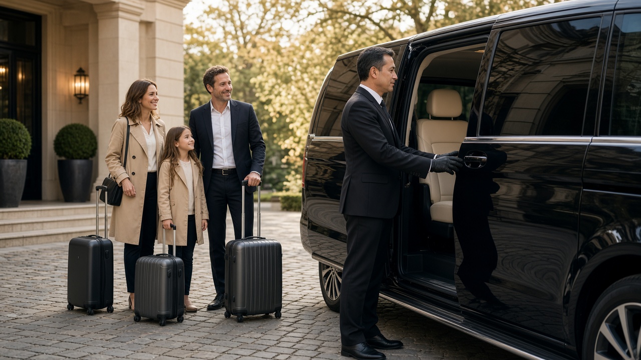 Chauffeur en costume aidant une famille avec valises devant un véhicule