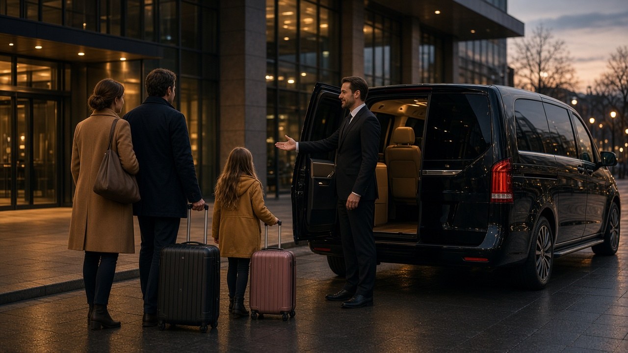 Chauffeur privé aidant une famille avec valises devant une gare