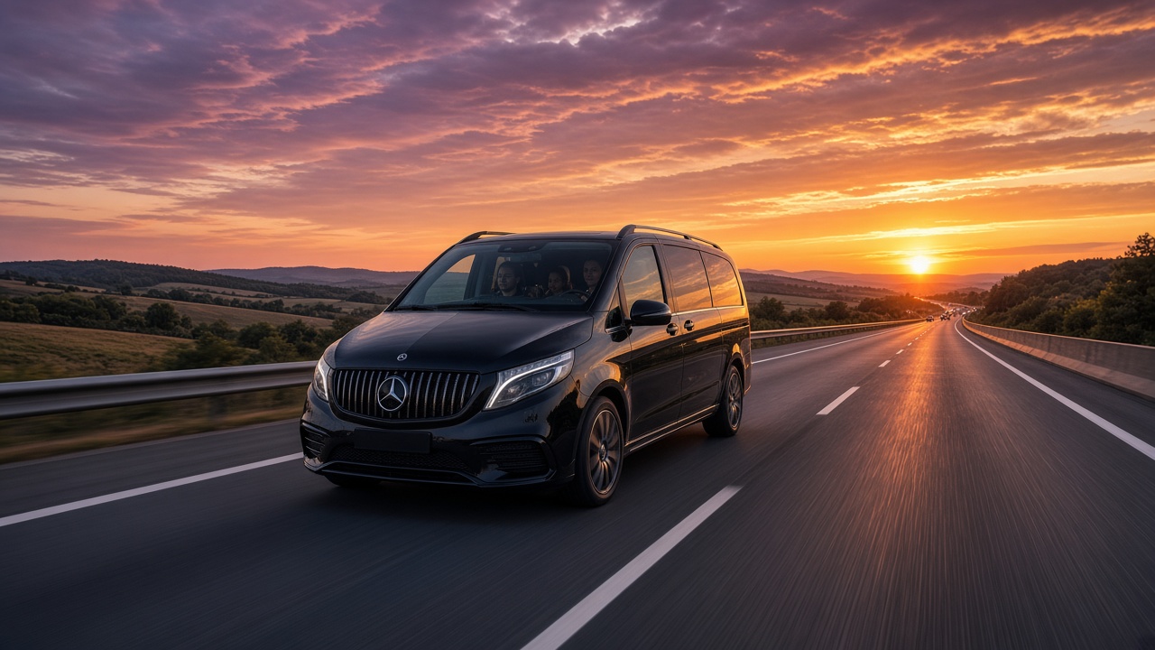 VAN noir sur autoroute française au coucher du soleil