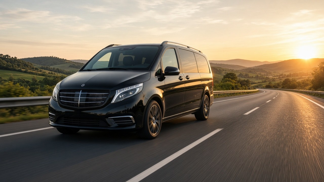 VAN VTC Troyes sur autoroute au coucher du soleil